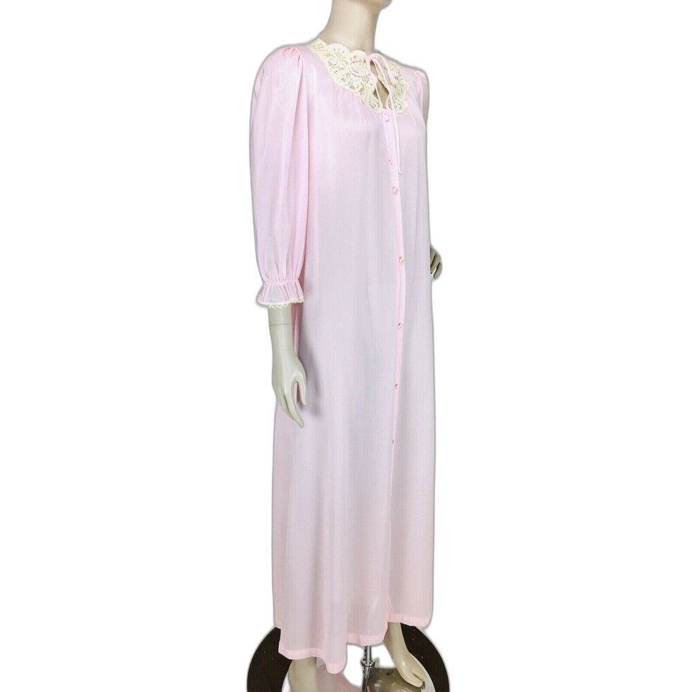 Vintage Miss Elaine Pink Nylon Lace Trim Button-Down Peignoir Robe Size Medium
